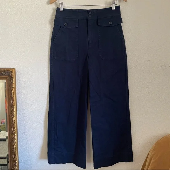 J. Crew Patch Pocket Wide Leg Dark Blue Trousers Stretch Twill Pants High Waist - Picture 9 of 9